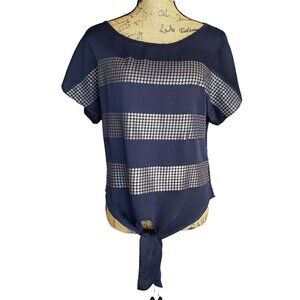 About A Girl S Tie-Front Top Navy Blue Silver Sequin Stripes Short Slv Boho Chic